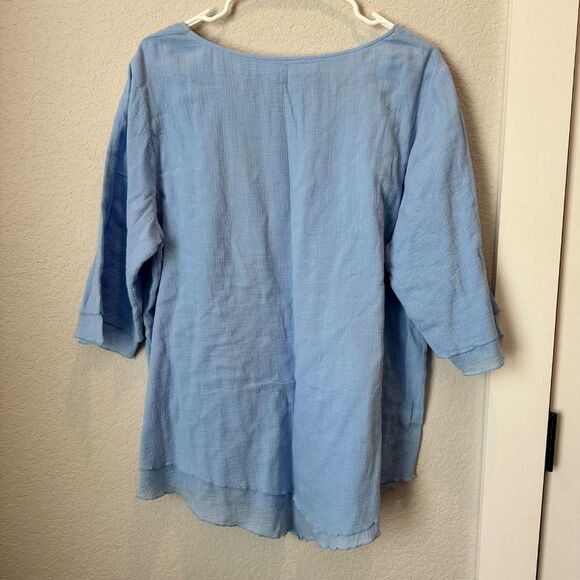 Soft Surroundings Blue 100% Gauzy Cotton Layered 3/4 Sleeve Blouse - Size L EUC - Picture 5 of 5